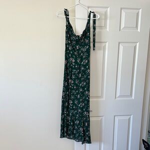 Reformation Dark Green Floral Midi Dress with Pink Accents